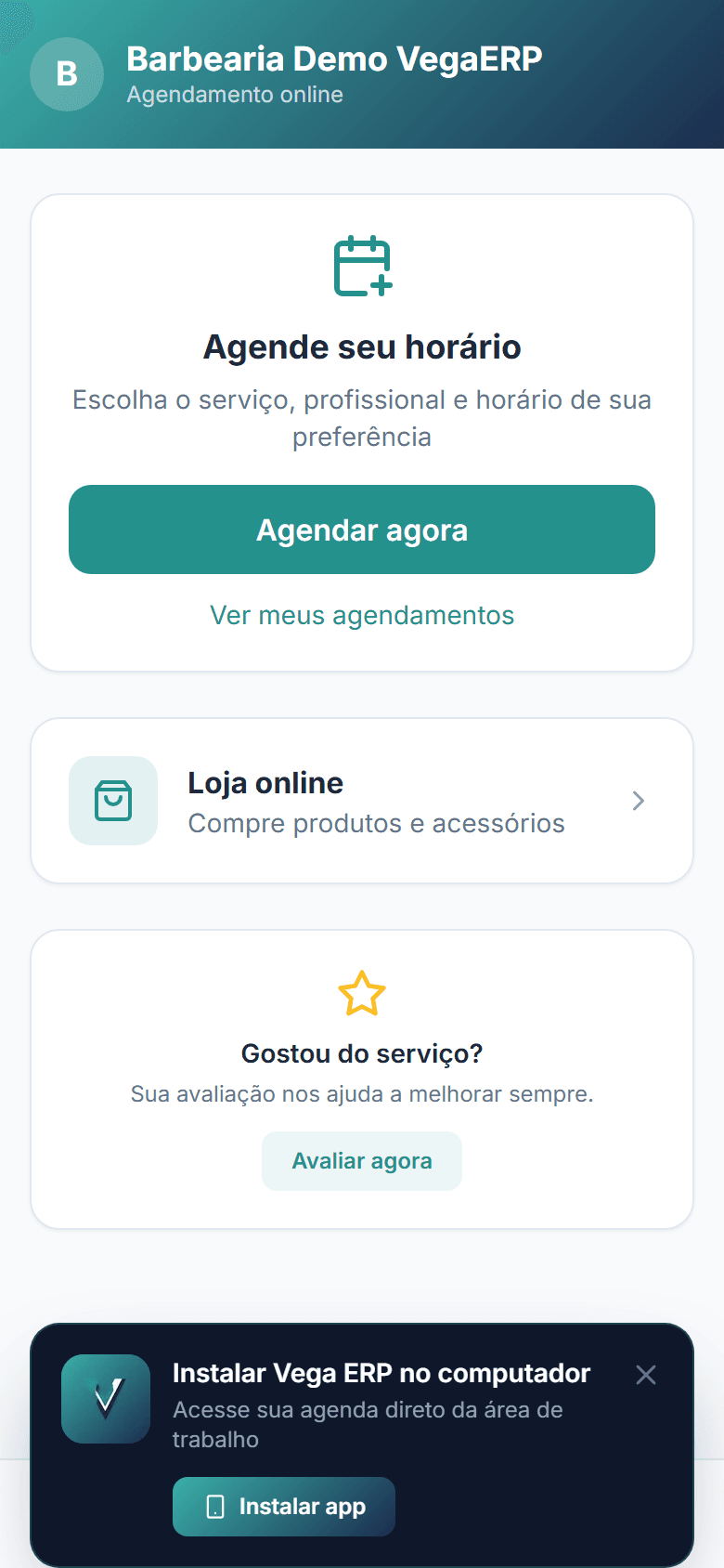 Portal do cliente VegaERP — Agendamento online pelo celular
